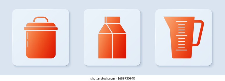 Set Paper package for milk , Cooking pot  and Measuring cup. White square button. Vector