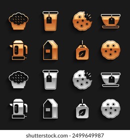 Set Paper package for milk, Cup with tea bag, Cookie biscuit, Tea leaf, Electric kettle, Muffin and  icon. Vector