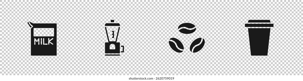 Set Paper package for milk, Electric coffee grinder, Coffee beans and cup to go icon. Vector