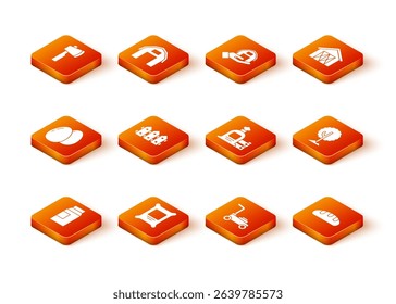 Set Paper package for milk, Fertilizer bag, Chicken egg, Garden fence wooden, Lawn mower, Full sack and box, Bread loaf and Tree icon. Vector