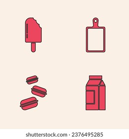 Set Paper package for milk, Ice cream, Cutting board and Macaron cookie icon. Vector