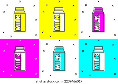 Establece el paquete de papel para el icono de leche aislado en el fondo de color. Signo de paquete de leche.  Vector