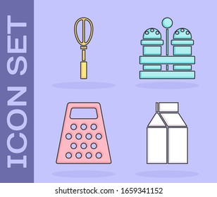 Set Paper package for milk , Kitchen whisk , Grater  and Salt and pepper  icon. Vector