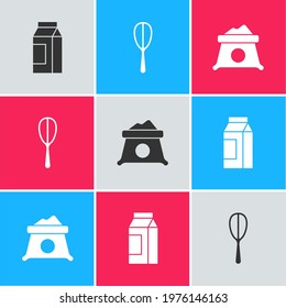Set Paper package for milk, Kitchen whisk and Bag of flour icon. Vector