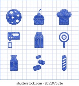 Set Paper package for milk, Macaron cookie, French baguette bread, Lollipop, Bottle with, Electric mixer, Chef hat and Cookie biscuit icon. Vector