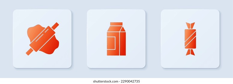 Set Paper package for milk, Rolling pin on dough and Candy. White square button. Vector