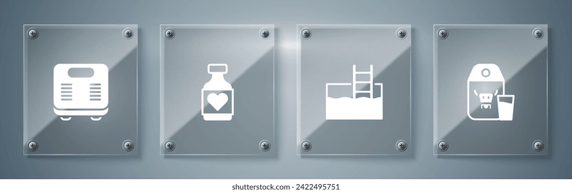 Set Paper package for milk, Swimming pool with ladder, Vitamin pill and Bathroom scales. Square glass panels. Vector
