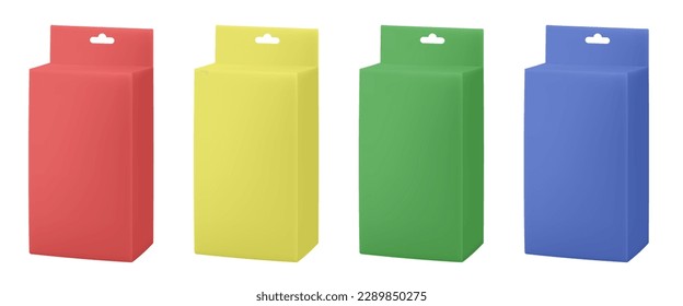 Set of paper packaging boxes with hanging hole. Blank product package mockup. Yellow, blue, red and brown packs.