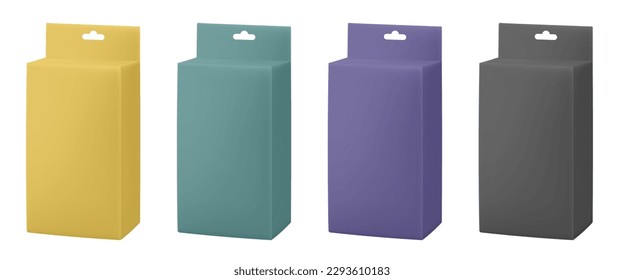 Set of paper packaging boxes with hanging hole. Blank product package mockup. Gold, green, purple and black packs.