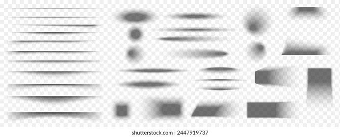 Set of paper or packing box shadow effects. Different realistic soft grey shapes. Divider lines, square and rectangle, round and oval shades isolated on transparent background. Vector illustration.