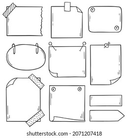 Set of Paper page doodle. Memo paper sheets, sticky note, reminder, notepad page with clip, pins and scotch tape in sketch style. Hand drawn vector illustration isolated on white background.