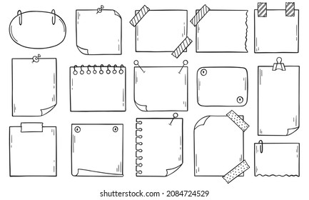 Set of paper page doodle. Memo paper sticky with pin in sketch style. Hand drawn vector illustration isolated on white background.