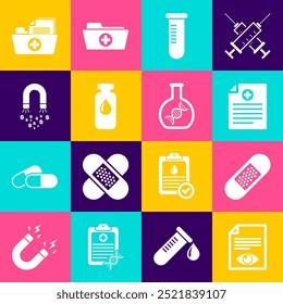 Definir página de papel com olho, Gesso de bandagem, Registro clínico, Frasco de tubo de teste, Frasco médico, ampola e Ícone de dinheiro do ímã. Vetor