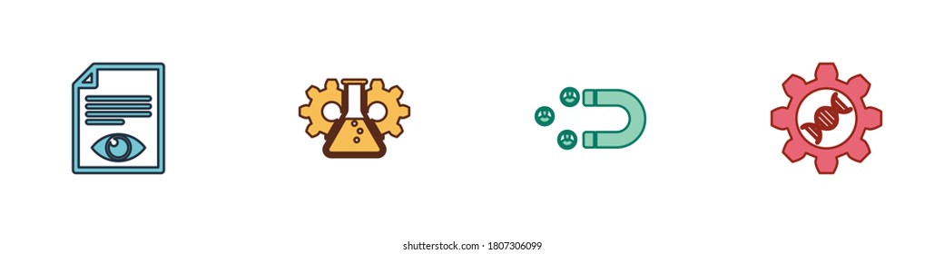 Set Paper page with eye, Bioengineering, Customer attracting and Genetic icon. Vector.
