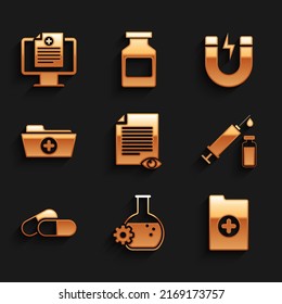Set Paper page with eye, Bioengineering, Clinical record, Medical syringe and vial, Medicine pill tablet and Health folder icon. Vector