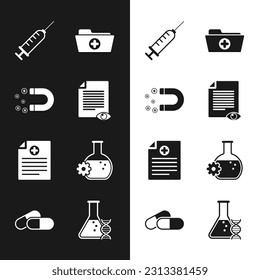 Set Paper page with eye, Magnet money, Syringe, Health record folder, Clinical and Bioengineering icon. Vector