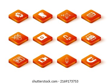 Set Paper page with eye, Medicine bottle, Genetic engineering, Clinical record, Syringe and Magnet money icon. Vector