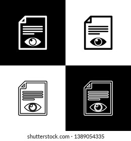 Set Paper page with eye symbol icons isolated on black and white background. Open information file sign. Line, outline and linear icon. Vector Illustration