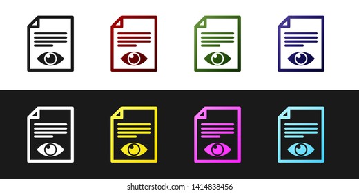 Set Paper page with eye symbol icon isolated on black and white background. Open information file sign. Vector Illustration