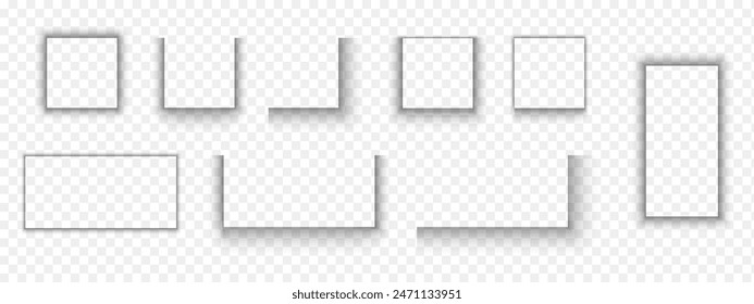 Set of paper page or packing box shadow effects. Soft blurry shapes. Square and rectangle shades isolated on transparent background. Vector realistic illustration.