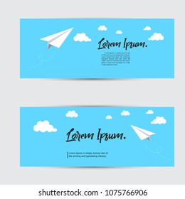 Set of Paper Plan flying on blue concept design web banners. Collection of banner templates for web pages. 