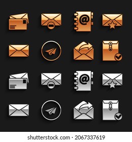 Set Paper plane, Envelope with star, and check mark, Outgoing mail, Address book,  and Delete envelope icon. Vector