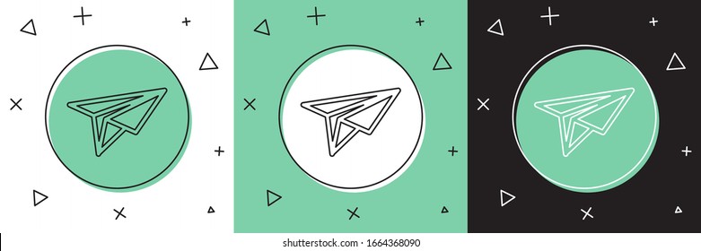 Set Paper plane icon isolated on white and green, black background. Paper airplane icon. Messenger concept.  Vector Illustration