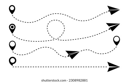 Set of paper plane line route from start and finish. Flight with point to point. Map with plane flying.