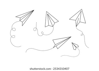 Set of paper plane route and path vector icons. Flying plane. Hand drawing airplane. Vector 10 EPS.