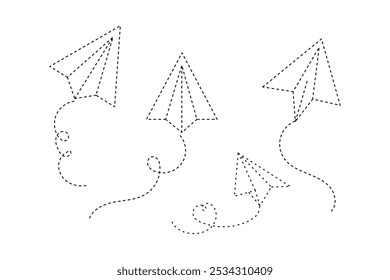 Set of paper plane route and path vector icons. Flying plane. Hand drawing airplane. Vector 10 EPS.