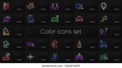 Set of Paper plane, Search flight and Destination flag line icons. Include Search package, Journey, Rocket icons. Parking place, Air balloon, Parking web elements. Car service. Vector
