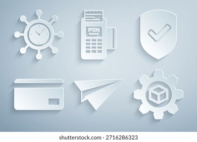 Set Paper plane, Shield with check mark, Credit card, Product development, POS terminal and Clock and gear icon. Vector