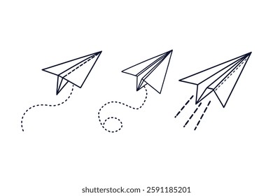 Set of paper plane silhouette vector line art illustration transparent white background