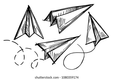 Set of paper planes. Hand drawn vector illustration
