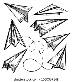 Set of paper planes. Hand drawn vector illustration