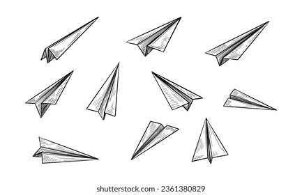 Set of paper planes. Hand drawn vector illustration