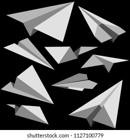 Set of paper planes on black background. Vector illustration.