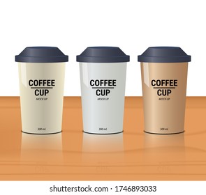 set of paper or plastic coffee cup mockup on wooden background with transparent reflect on floor use for your design vector illustrations