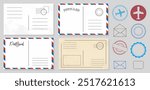 Set of paper postcard letter template. Mockup vintage post envelope. Vector illustration