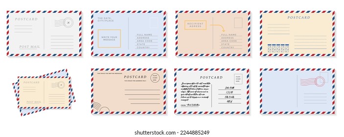 Set of paper postcard letter template. Mockup vintage post envelope. Vector illustration