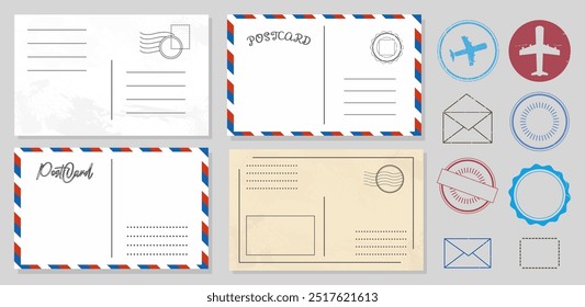 Set of paper postcard letter template. Mockup vintage post envelope. Vector illustration