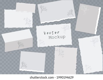 Set of paper with ragged edges and booklet with flowers isolated on transparent. Mockup. Floral Blank template for wedding invitation, note paper, branding, menu, rsvp. Different shapes. EPS10.