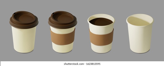 Set paper realistic coffee and tea cup. Mockup isometric coffee mugs. Disposable glass for drinks. Template for products, web banners and leaflets. Vector illustration