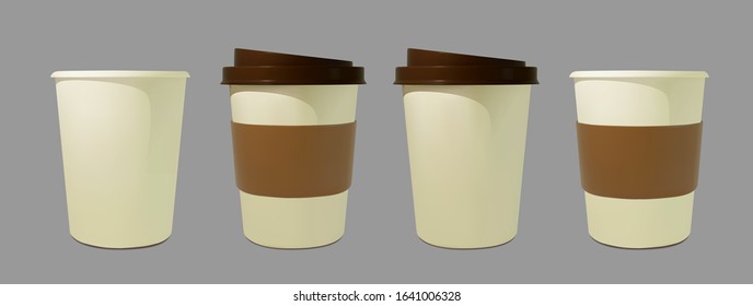 Set paper realistic coffee and tea cup. Mockup isometric coffee mugs. Disposable glass for drinks. Template for products, web banners and leaflets. Vector
