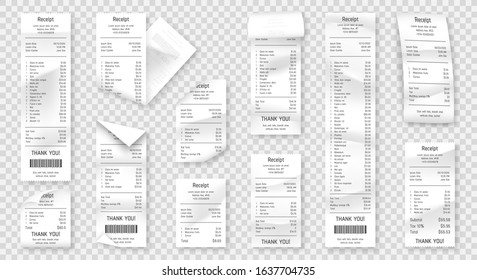 Set of paper receipts isolated on transparent background. Realistic paper receipt, check and payment bill printed on rolled and curved thermal paper. Vector