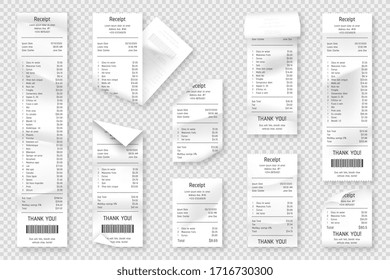 Set of paper receipts isolated on background. Realistic paper receipt, check and payment bill printed on rolled and curved thermal paper. Vector receipt and purchase bill