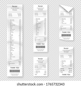 Set of paper receipts isolated on background. Realistic paper receipt, check and payment bill printed on rolled and curved thermal paper. Vector receipt and purchase bill