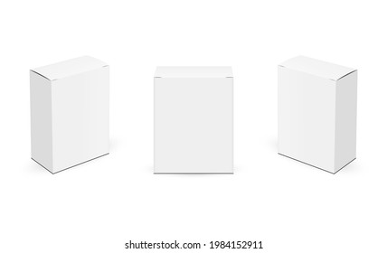 Set of Paper Rectangular Boxes Mockups Isolated on White Background, Front and Side View. Vector Illustration