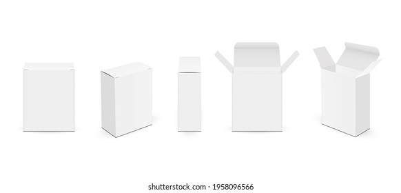 Set of Paper Rectangular Packaging Boxes with Various Views, Isolated on White Background. Vector Illustration