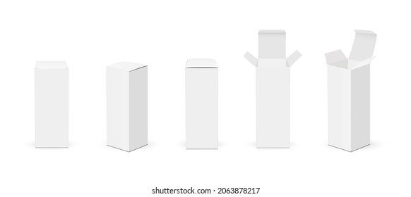 Set of Paper Rectangular Packaging Boxes with Opened and Closed Lid, Various Views, Isolated on White Background. Vector Illustration